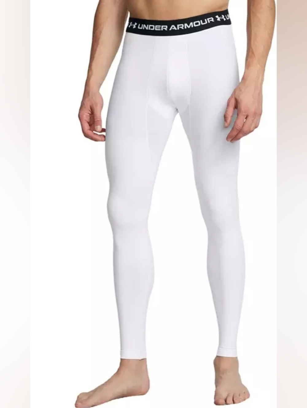 Under Armour Men’s White Compression Layer Leggings w/ Black Logo Waistband